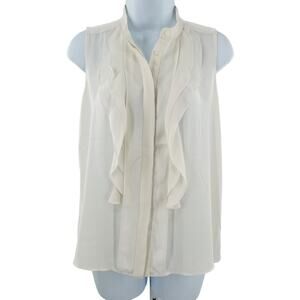 Ann Taylor White Silk Ruffle Front Mock Neck Sleeveless Classic Top Blouse XS